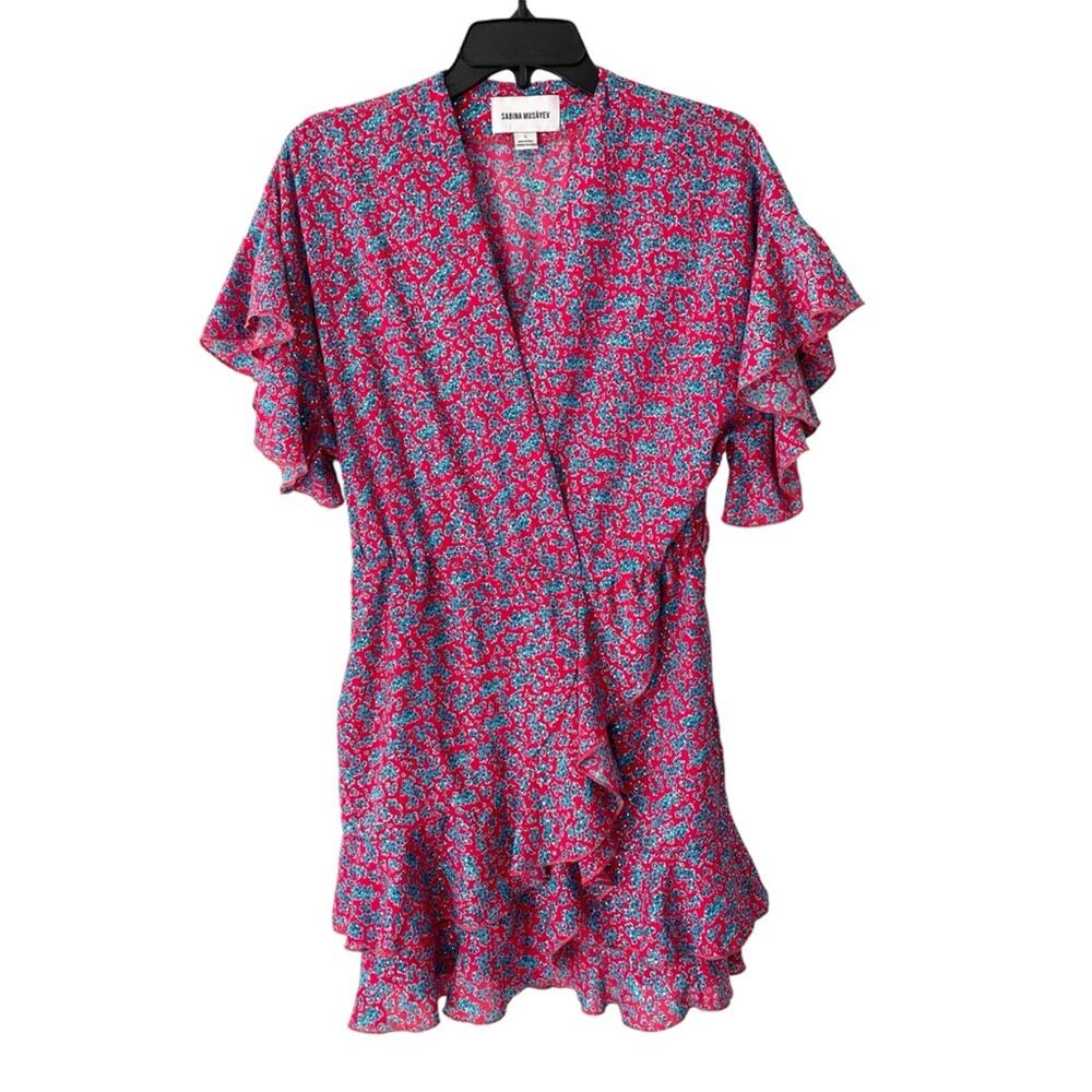 Sabina Musayev Liri Pink Ruffle Mini Dress Metallic Silver Dot Small no belt